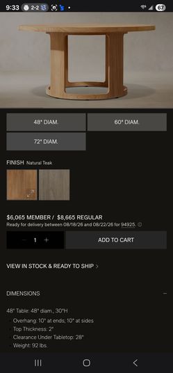 Sedona teak round table 72" by  restoration Hardware