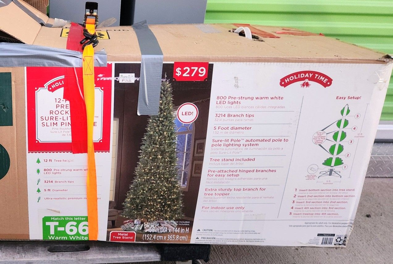 12-foot Pre-Lit Rockford Sure-Lit Pole Slim Pine Christmas Tree.