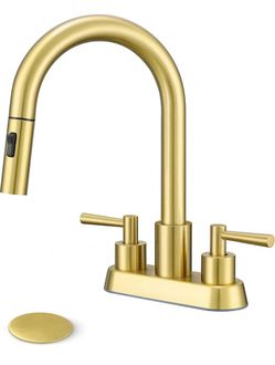 Felixbath Bathroom Faucet with Pull Out Sprayer, 3 Holes Pull Down Gold Faucet Stainless Steel Lead-Free, 4 Inch Centerset Vanity Faucet, 2 Handle, 3 