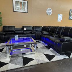 Black Gel Leather Power Reclining Sectional With LED lightening 