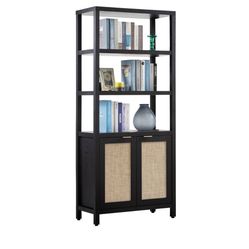 447 Bookshelf 5 Tier Book Shelf Rattan Boho 71" Tall Bookcase with Doors Storage Shelves Large Bookshelves Farmhouse Bookcases Library Book Case for L