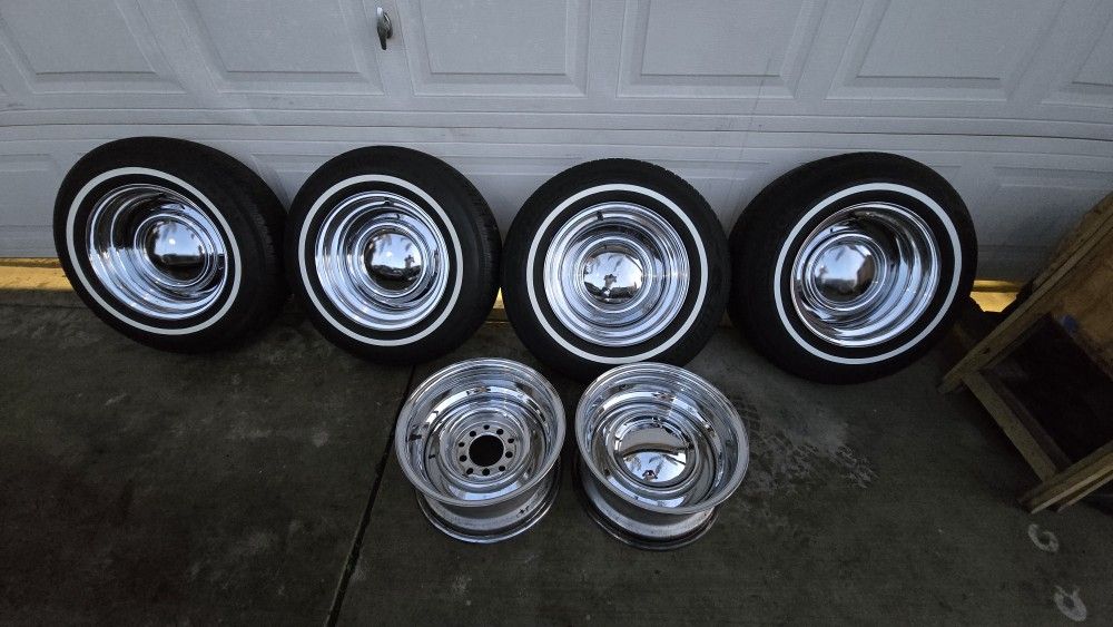 15 Inch Chrome Moon Rally Rims Cragar Smoothie 5 Lug Universal They Fit 15x5.5 Ford F150 Jeep Dodge & 5x5 Chevy C10 Silverado & 5x4.75 El Camino s10