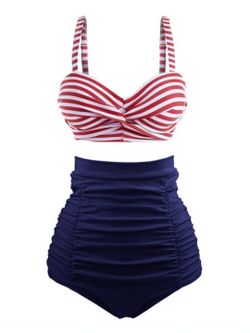 Brand New! Retro Striped Colorblock Bikini Set - Red/White/Blue / (S)