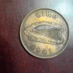 Ireland Rare Date 1940 1 Penny Harp withHen And Chicks  