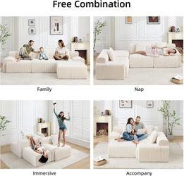 Boneless sofa, L-shaped modular sofa, deep seat, 3D high-resilience sponge, corduroy beige