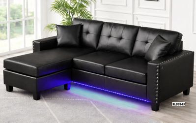 74"W Black PVC Reversible Sectional Sofa Chaise with LED