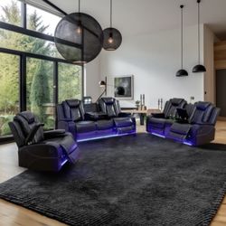 Power Electric Black Leather Fully Reclining Couch Set