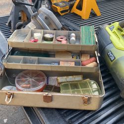 Antique Fishing Tackle Box And Gear