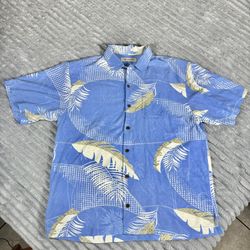 Tommy Bahama Shirt Men's XL Silk Short Sleeve Hawaiian Garden Plant Blue Brown 