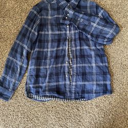 Blue and white plaid button-up shirt 
