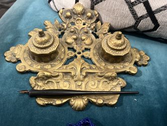 Antique Brass Double Inkwell 