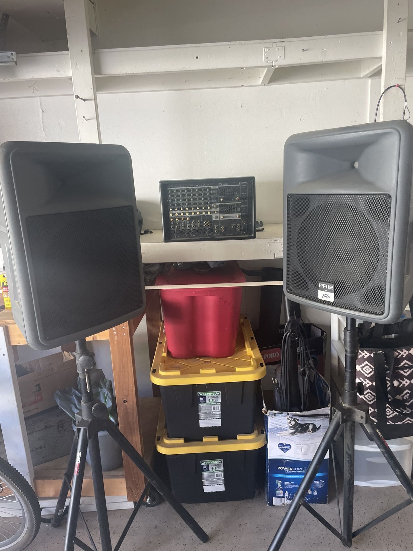 Yamaha PA system with speakers and stands