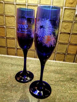 Vintage Cobalt Blue Millennium Champagne Flutes