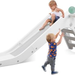 Freestanding Kids Slide, Toddler Slide Climber with Basketball Hoop & Ball, Baby Playset w/Long Slope, for Boys and Girls Birthday, Sturdy P