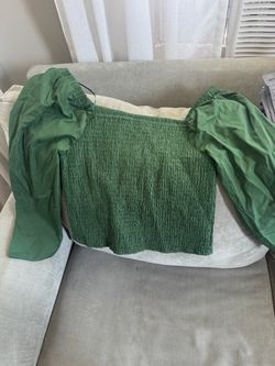 Green Smocked Crop Top with Puff Sleeves