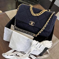 New W Box Authentic Chanel 19 Flap Bag Quilted Tweed Large Blue