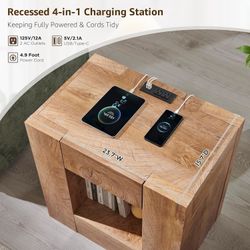 set of 1 24" Modern Nightstand with Charging Station, Large Wood Bedside Table w/Hidden Drawers & Open Storage Shelf, Rustic End Table for Bedroom,Liv