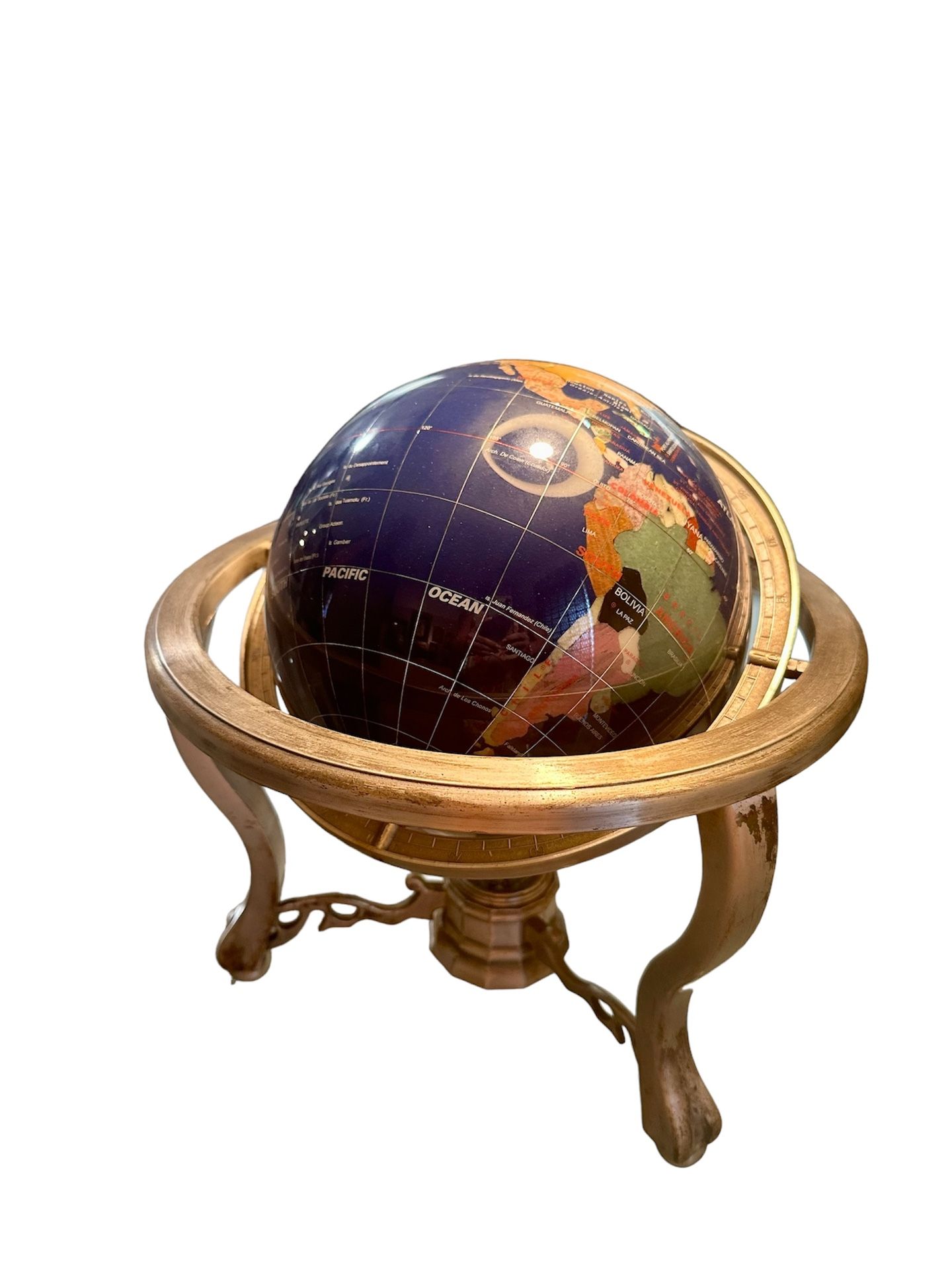 Brass base world desk globe with inlaid, precious gems