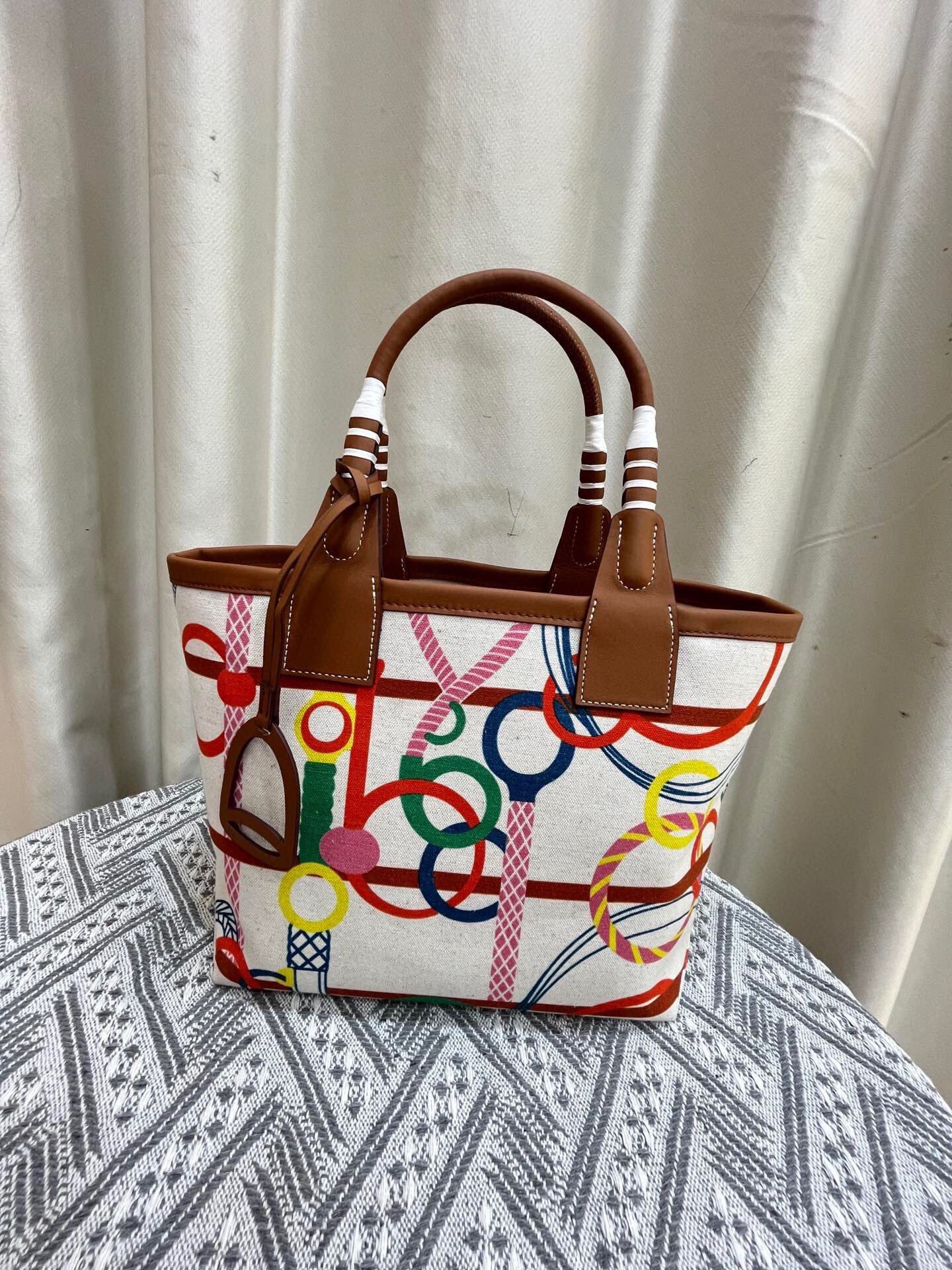 HERMES PHW Steeple 28 Tote Bag Shoulder Handbag Canvas Cuivre Brown Lime Ecru