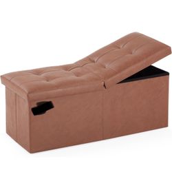 31.5 Inches Ottoman with Storage, Folding Ottoman Bench Small Foot Rest Stool, Bedroom Bench with Flipping Lid, Faux Leather-Retro Brown