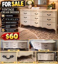 Vintage Cream 9-Drawer French Provincial Dresser