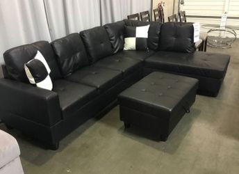 Brand New Black Leather Sectional Set With Decorative Pillows & Storage Ottoman