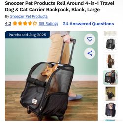 Snoozer Pet Products Roll Around 4-in-1 Travel Dog & Cat Carrier Backpack, Black, Large