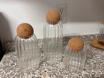 Ribbed Glass Jars with Cork Ball Lids Set of 3