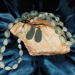 Druzy green Pear Shaped Earrings & Pretty Pale Green Necklace