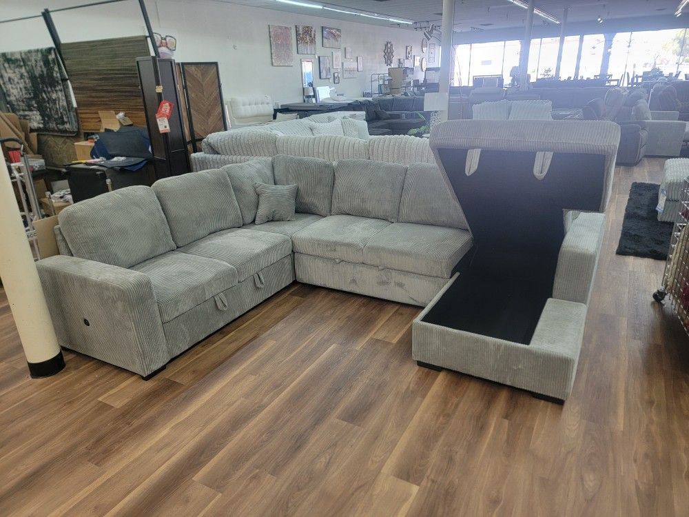 New 4pc Storage Sleeper Sectional In Fog Corduroy