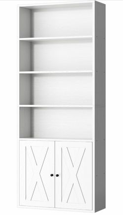 White Farmhouse Bookcase with Cabinet Doors