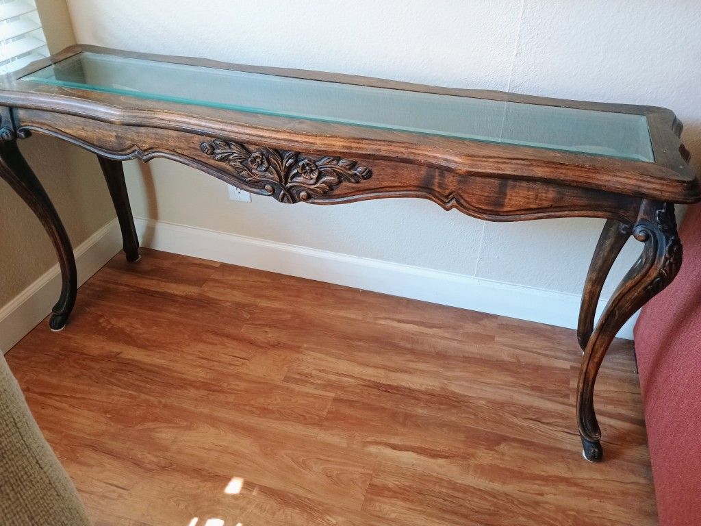 Carved Wood French Provincial Console Table With Beveled Glass Top