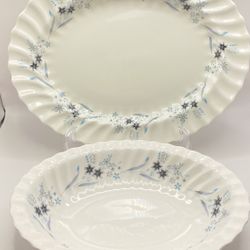 VTG Royal Doulton Millefleur Set of Oval Platter & Oval Serving Bowl Winter Blue & Grey Flowers UK  