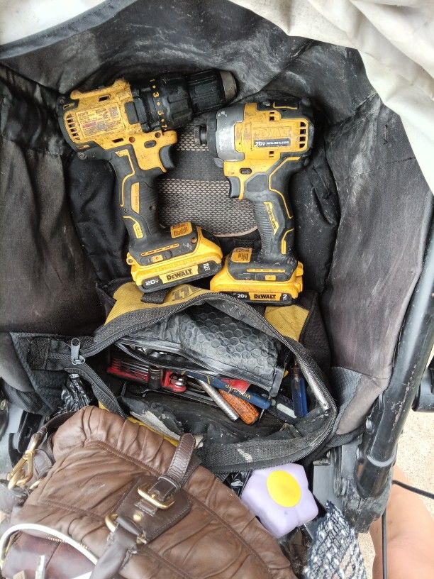 Two DeWalt Drills And Misc Tools And DeWalt Tool Bag
