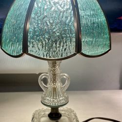 Vintage table/desk lamp in clear pressed glass with light green underlay