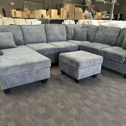 Large Comfy Charcoal Gray Sectional And Ottoman 