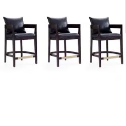 Set Of 3 Gray Leather And Dark Wood Counter Stools NEW!!!