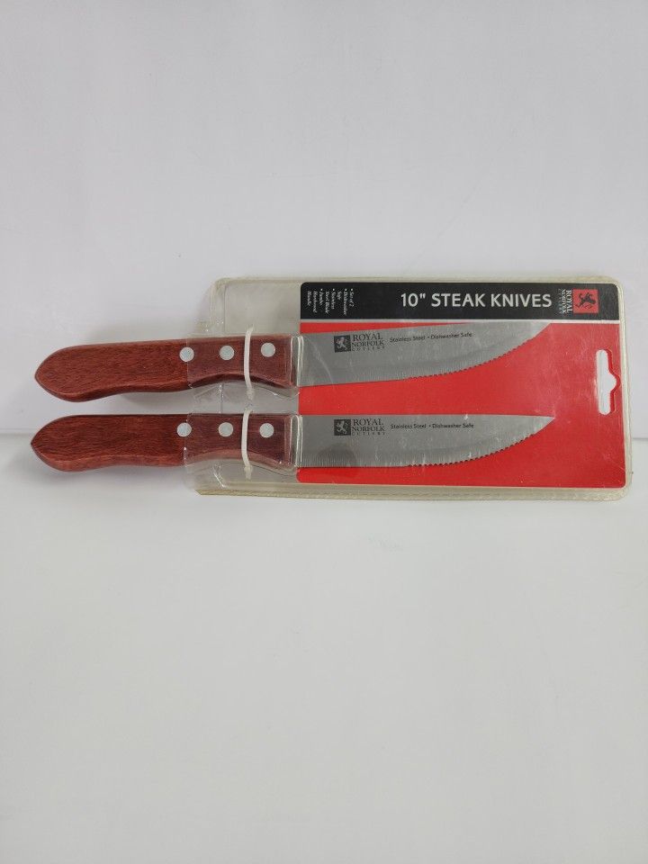 Royal Norfolk Stainless-Steel, 10’’Steak Knives, Set Of 2, NEW.
10" STEAK KNIVES
Set of 2 Knives with Jumbo Wooden Handle
• Mirror finish
stainless