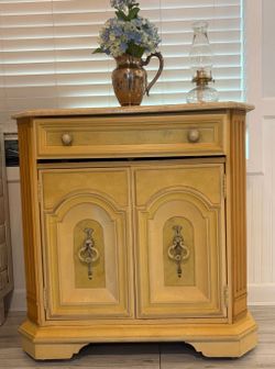 Vintage French Provincial/Country Yellow Accent Cabinet / Bar Cabinet with Real Marble Top