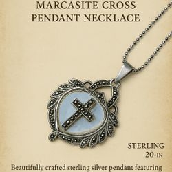 Sterling Silver Marcasite & Mother-of-Pearl Cross Pendant With New 20 Sterling Silver Necklace 