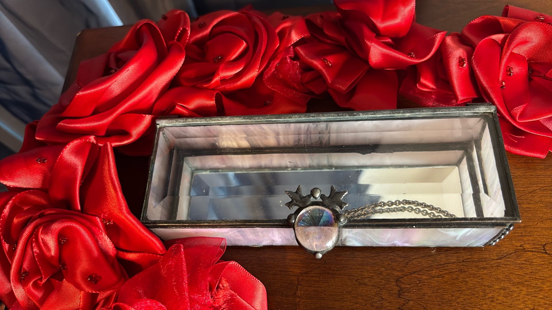 Antique Jewelry/ Trinkets Box with Beveled Glass Top