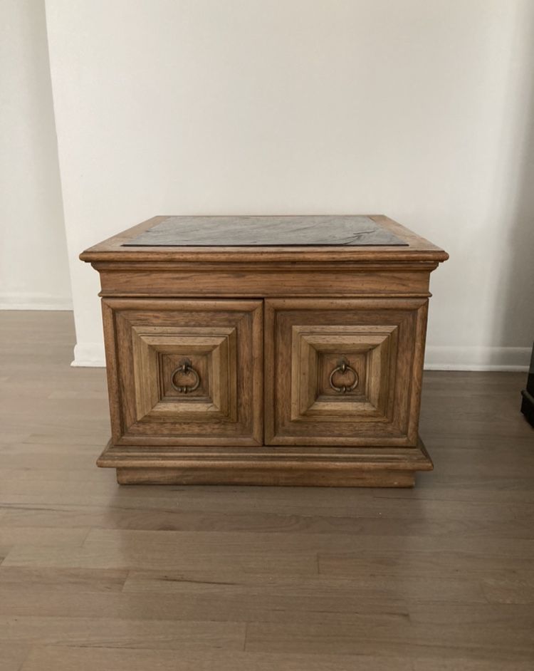 1960s Drexel Solid Walnut Wood Stone Top Side Table Cabinet