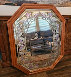 Vintage Windsor Art Floral Etched Mirror Octagon Wood Frame Cottagecore 34”