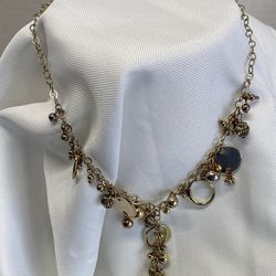 Gold Tone Charm Necklace Beaded Dangle Statement Jewelry Pre Owned