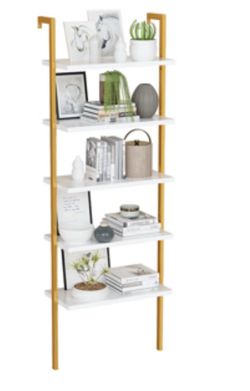 AWQM Ladder Shelf, 5 Tier Marble Wall-Mounted Bookcase with Stable Metal Frame, Gold +White