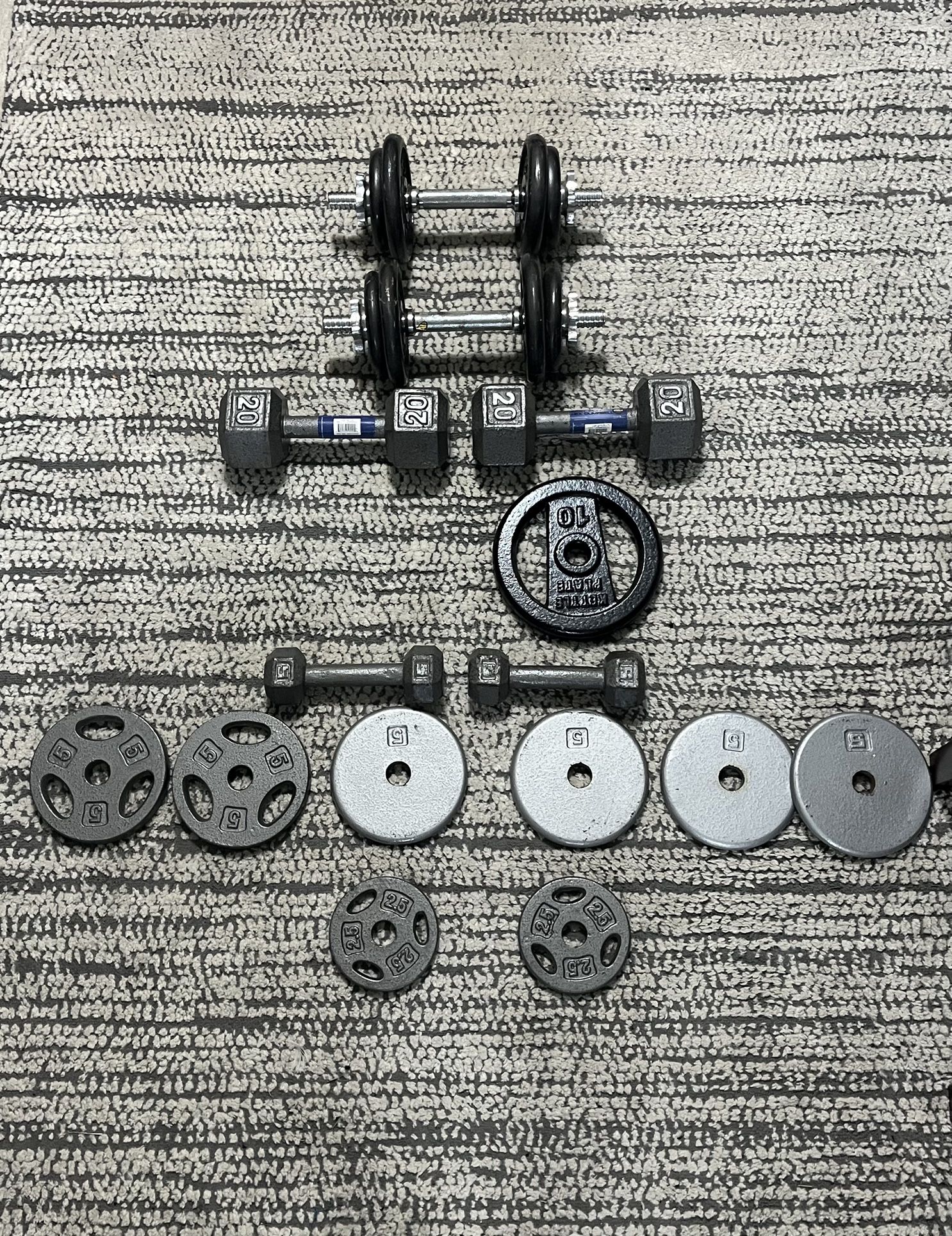 Assortment of weights + EZ curl bar + Decline bench