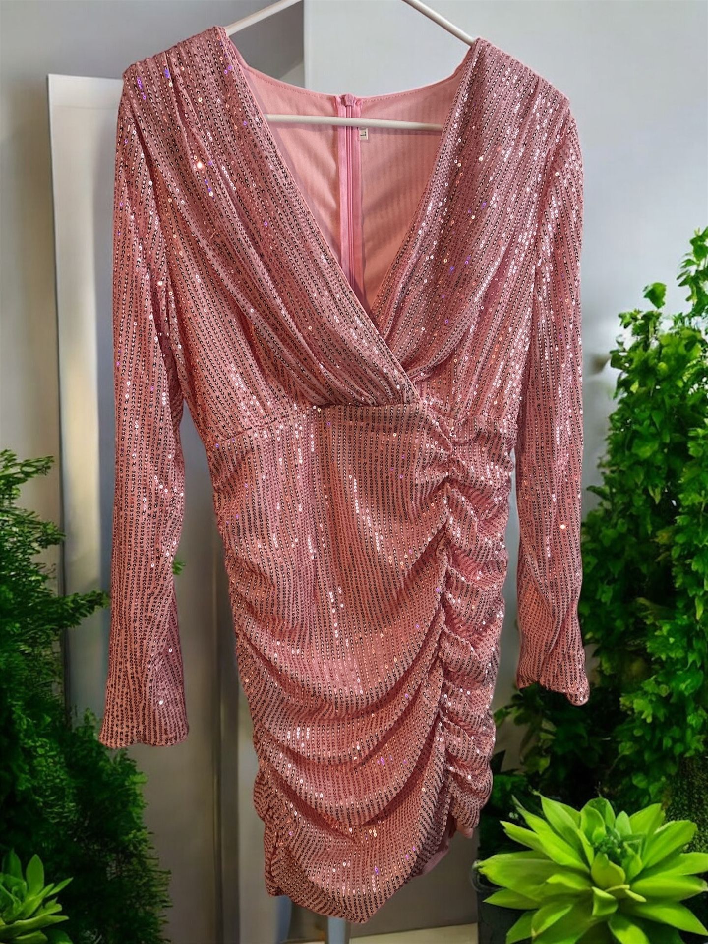 SHEIN Pink L Sequin Wrap Dress with Plunge Neckline