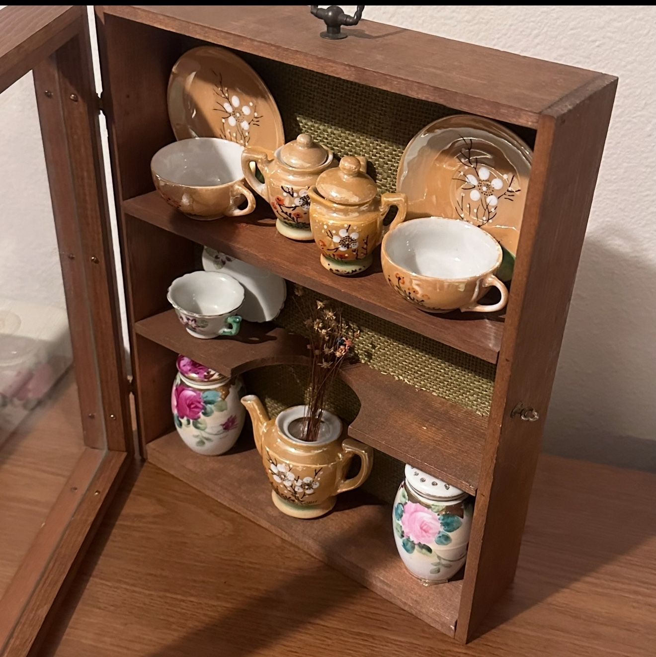 Vintage Miniature Porcelain Tea Set in Wall-Mounted Display Case • 10” x 12”
