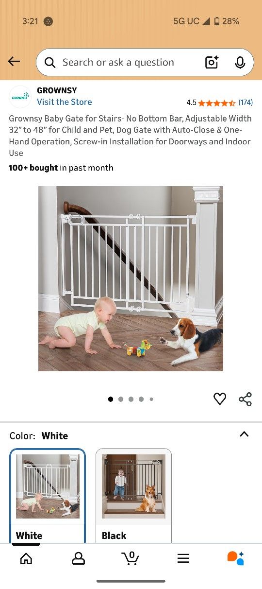 Grownsy Baby Gate for Stairs- No Bottom Bar, Adjustable Width 32” to 48” for Child and Pet, Dog Gate with Auto-Close & One-Hand Operation, Screw-in 