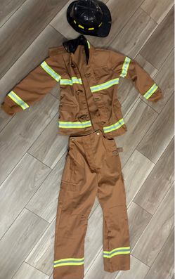 kid's tan firefighter suit costume with reflective striping and a black helmet